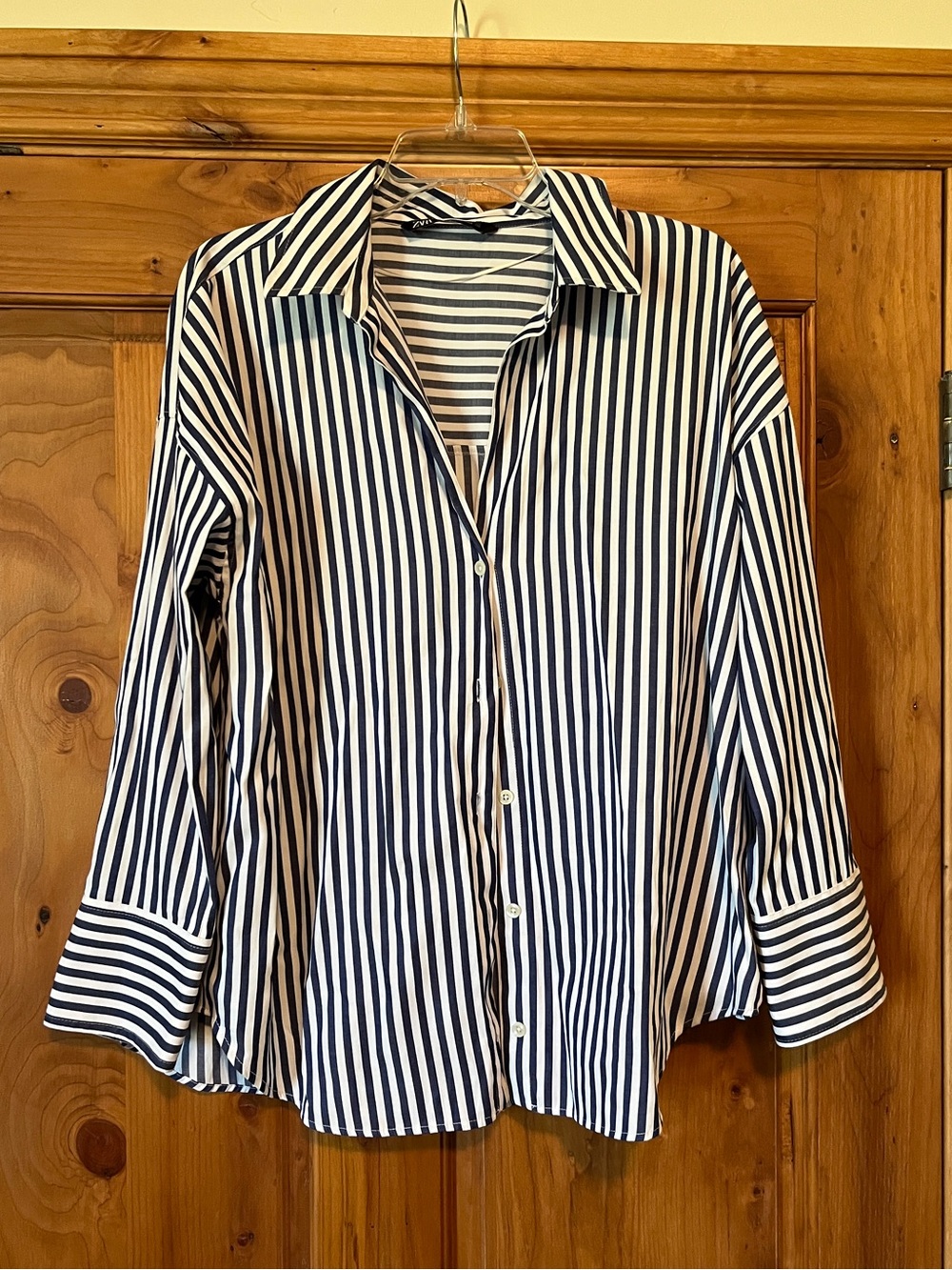 Zara Navy and White Vertical Stripe Button-Down Shirt